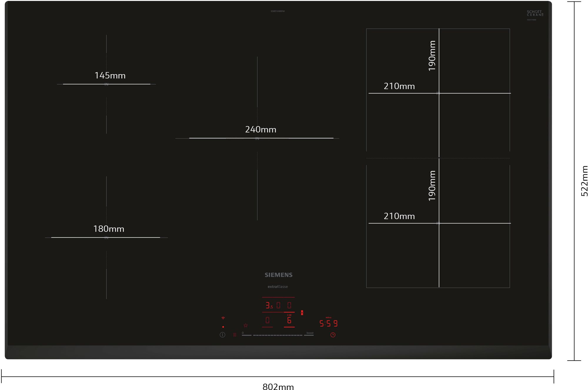 Siemens Tweedekans - iQ500 Inductiekookplaat 80 cm Zwart, opbouwmontage zonder rand ED851HWB1MB kookplaat Handleiding